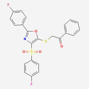 molecular formula C23H15F2NO4S2 B2435836 2-((2-(4-Fluorophenyl)-4-((4-fluorophenyl)sulfonyl)oxazol-5-yl)thio)-1-phenylethanone CAS No. 850927-33-2