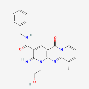 molecular formula C22H21N5O3 B2435892 N-benzyl-7-(2-hydroxyethyl)-6-imino-11-methyl-2-oxo-1,7,9-triazatricyclo[8.4.0.0^{3,8}]tetradeca-3(8),4,9,11,13-pentaene-5-carboxamide CAS No. 636989-74-7