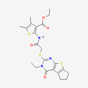 molecular formula C22H25N3O4S3 B2436056 ethyl 2-(2-((3-ethyl-4-oxo-4,5,6,7-tetrahydro-3H-cyclopenta[4,5]thieno[2,3-d]pyrimidin-2-yl)thio)acetamido)-4,5-dimethylthiophene-3-carboxylate CAS No. 496028-09-2