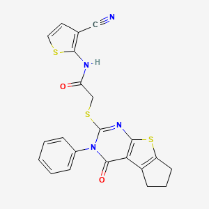 molecular formula C22H16N4O2S3 B2436207 N-(3-cyanothiophen-2-yl)-2-((4-oxo-3-phenyl-4,5,6,7-tetrahydro-3H-cyclopenta[4,5]thieno[2,3-d]pyrimidin-2-yl)thio)acetamide CAS No. 670270-36-7