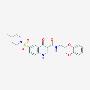 molecular formula C25H27N3O6S B2436418 N-((2,3-dihydrobenzo[b][1,4]dioxin-2-yl)methyl)-6-((4-methylpiperidin-1-yl)sulfonyl)-4-oxo-1,4-dihydroquinoline-3-carboxamide CAS No. 697295-08-2