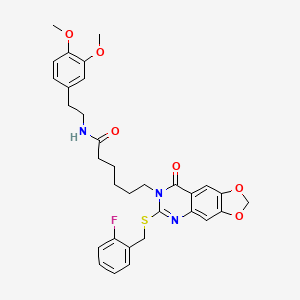 molecular formula C32H34FN3O6S B2436607 N-[2-(3,4-dimethoxyphenyl)ethyl]-6-(6-{[(2-fluorophenyl)methyl]sulfanyl}-8-oxo-2H,7H,8H-[1,3]dioxolo[4,5-g]quinazolin-7-yl)hexanamide CAS No. 688061-49-6