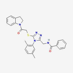 molecular formula C28H27N5O2S B2436762 N-((4-(2,5-dimethylphenyl)-5-((2-(indolin-1-yl)-2-oxoethyl)thio)-4H-1,2,4-triazol-3-yl)methyl)benzamide CAS No. 394241-82-8