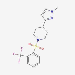 molecular formula C16H18F3N3O2S B2437127 4-(1-methyl-1H-pyrazol-3-yl)-1-((2-(trifluoromethyl)phenyl)sulfonyl)piperidine CAS No. 2034418-07-8