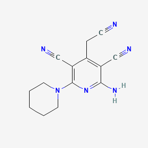 molecular formula C14H14N6 B2437194 2-Amino-4-(cyanomethyl)-6-(piperidin-1-yl)pyridine-3,5-dicarbonitrile CAS No. 380570-35-4