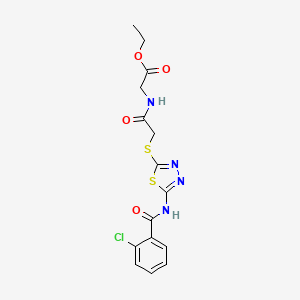 molecular formula C15H15ClN4O4S2 B2437250 Ethyl 2-(2-((5-(2-chlorobenzamido)-1,3,4-thiadiazol-2-yl)thio)acetamido)acetate CAS No. 893349-87-6