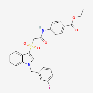 molecular formula C26H23FN2O5S B2437253 ethyl 4-[2-({1-[(3-fluorophenyl)methyl]-1H-indol-3-yl}sulfonyl)acetamido]benzoate CAS No. 686743-90-8