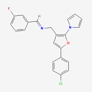 molecular formula C22H16ClFN2O B2437316 [5-(4-chlorophenyl)-2-(1H-pyrrol-1-yl)-3-furyl]-N-[(Z)-(3-fluorophenyl)methylidene]methanamine CAS No. 866010-48-2