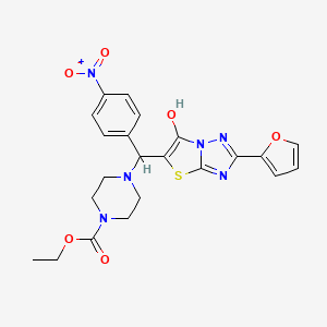 molecular formula C22H22N6O6S B2437318 Ethyl 4-((2-(furan-2-yl)-6-hydroxythiazolo[3,2-b][1,2,4]triazol-5-yl)(4-nitrophenyl)methyl)piperazine-1-carboxylate CAS No. 896292-58-3