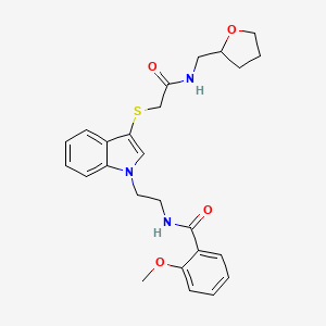 molecular formula C25H29N3O4S B2437354 2-methoxy-N-(2-(3-((2-oxo-2-(((tetrahydrofuran-2-yl)methyl)amino)ethyl)thio)-1H-indol-1-yl)ethyl)benzamide CAS No. 862826-11-7
