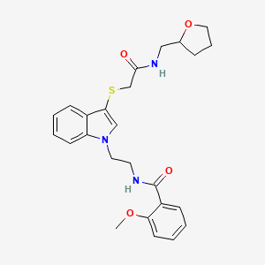 2-methoxy-N-(2-(3-((2-oxo-2-(((tetrahydrofuran-2-yl)methyl)amino)ethyl)thio)-1H-indol-1-yl)ethyl)benzamide