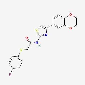 molecular formula C19H15FN2O3S2 B2437357 N-(4-(2,3-dihydrobenzo[b][1,4]dioxin-6-yl)thiazol-2-yl)-2-((4-fluorophenyl)thio)acetamide CAS No. 896344-67-5