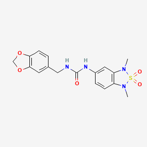 molecular formula C17H18N4O5S B2437422 1-(Benzo[d][1,3]dioxol-5-ylmethyl)-3-(1,3-dimethyl-2,2-dioxido-1,3-dihydrobenzo[c][1,2,5]thiadiazol-5-yl)urea CAS No. 2034457-40-2