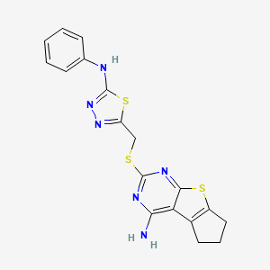 molecular formula C18H16N6S3 B2437513 2-(((5-(phenylamino)-1,3,4-thiadiazol-2-yl)methyl)thio)-6,7-dihydro-5H-cyclopenta[4,5]thieno[2,3-d]pyrimidin-4-amine CAS No. 575468-55-2