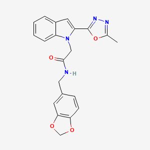 molecular formula C21H18N4O4 B2437677 N-(benzo[d][1,3]dioxol-5-ylmethyl)-2-(2-(5-methyl-1,3,4-oxadiazol-2-yl)-1H-indol-1-yl)acetamide CAS No. 923679-94-1