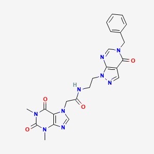 molecular formula C23H23N9O4 B2437686 N-(2-(5-benzyl-4-oxo-4,5-dihydro-1H-pyrazolo[3,4-d]pyrimidin-1-yl)ethyl)-2-(1,3-dimethyl-2,6-dioxo-2,3-dihydro-1H-purin-7(6H)-yl)acetamide CAS No. 1207043-12-6
