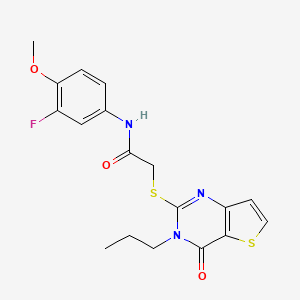 molecular formula C18H18FN3O3S2 B2437901 N-(3-fluoro-4-methoxyphenyl)-2-({4-oxo-3-propyl-3H,4H-thieno[3,2-d]pyrimidin-2-yl}sulfanyl)acetamide CAS No. 1252929-75-1