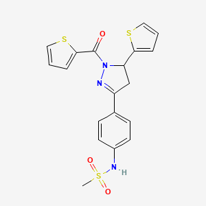 molecular formula C19H17N3O3S3 B2438106 N-{4-[5-(thiophen-2-yl)-1-(thiophene-2-carbonyl)-4,5-dihydro-1H-pyrazol-3-yl]phenyl}methanesulfonamide CAS No. 836664-87-0