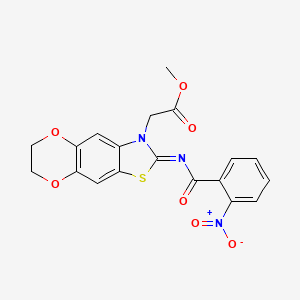 molecular formula C19H15N3O7S B2438114 methyl 2-[2-(2-nitrobenzoyl)imino-6,7-dihydro-[1,4]dioxino[2,3-f][1,3]benzothiazol-3-yl]acetate CAS No. 895444-58-3