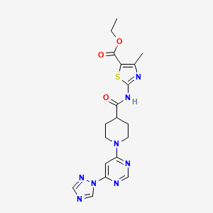 molecular formula C19H22N8O3S B2438360 ethyl 2-(1-(6-(1H-1,2,4-triazol-1-yl)pyrimidin-4-yl)piperidine-4-carboxamido)-4-methylthiazole-5-carboxylate CAS No. 1797696-08-2