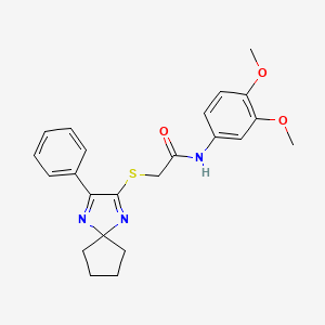 molecular formula C23H25N3O3S B2438494 N-(3,4-DIMETHOXYPHENYL)-2-({3-PHENYL-1,4-DIAZASPIRO[4.4]NONA-1,3-DIEN-2-YL}SULFANYL)ACETAMIDE CAS No. 899906-46-8