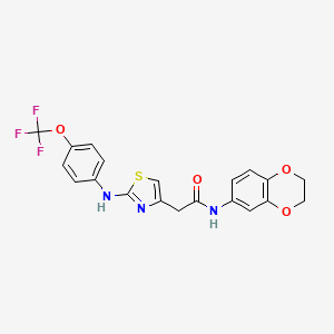 molecular formula C20H16F3N3O4S B2438759 N-(2,3-dihydrobenzo[b][1,4]dioxin-6-yl)-2-(2-((4-(trifluoromethoxy)phenyl)amino)thiazol-4-yl)acetamide CAS No. 1173086-69-5
