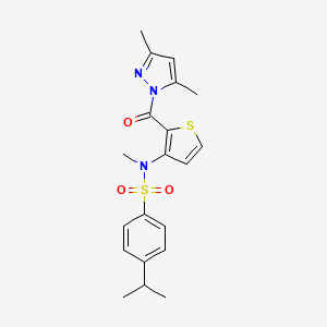 molecular formula C20H23N3O3S2 B2438871 N-{2-[(3,5-dimethyl-1H-pyrazol-1-yl)carbonyl]thiophen-3-yl}-N-methyl-4-(propan-2-yl)benzenesulfonamide CAS No. 1325303-37-4