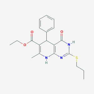 molecular formula C20H23N3O3S B2438975 ethyl 7-methyl-4-oxo-5-phenyl-2-(propylsulfanyl)-3H,4H,5H,8H-pyrido[2,3-d]pyrimidine-6-carboxylate CAS No. 878625-09-3