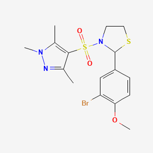 molecular formula C16H20BrN3O3S2 B2439243 2-(3-bromo-4-methoxyphenyl)-3-((1,3,5-trimethyl-1H-pyrazol-4-yl)sulfonyl)thiazolidine CAS No. 2309797-64-4