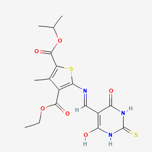 molecular formula C17H19N3O6S2 B2439284 4-ethyl 2-isopropyl 5-(((4,6-dioxo-2-thioxotetrahydropyrimidin-5(2H)-ylidene)methyl)amino)-3-methylthiophene-2,4-dicarboxylate CAS No. 1021262-99-6