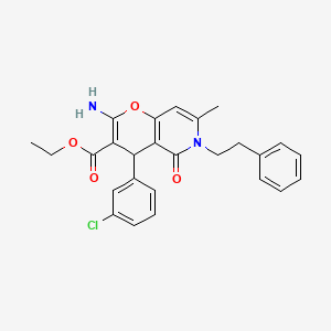molecular formula C26H25ClN2O4 B2439555 ethyl 2-amino-4-(3-chlorophenyl)-7-methyl-5-oxo-6-(2-phenylethyl)-4H,5H,6H-pyrano[3,2-c]pyridine-3-carboxylate CAS No. 836631-80-2