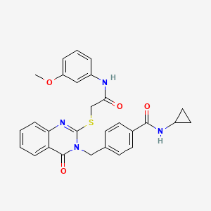 molecular formula C28H26N4O4S B2439577 N-cyclopropyl-4-{[2-({[(3-methoxyphenyl)carbamoyl]methyl}sulfanyl)-4-oxo-3,4-dihydroquinazolin-3-yl]methyl}benzamide CAS No. 1115323-97-1