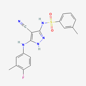 molecular formula C18H16FN5O2S B2439599 N-[4-cyano-5-(4-fluoro-3-methylanilino)-1H-pyrazol-3-yl]-3-methylbenzenesulfonamide CAS No. 1024018-93-6