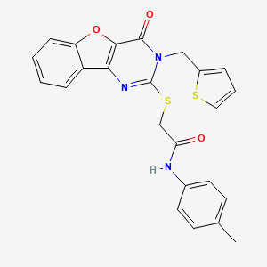 molecular formula C24H19N3O3S2 B2439636 N-(4-methylphenyl)-2-({6-oxo-5-[(thiophen-2-yl)methyl]-8-oxa-3,5-diazatricyclo[7.4.0.0^{2,7}]trideca-1(9),2(7),3,10,12-pentaen-4-yl}sulfanyl)acetamide CAS No. 899941-60-7