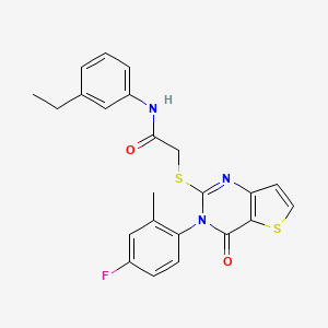 molecular formula C23H20FN3O2S2 B2439668 N-(3-ethylphenyl)-2-((3-(4-fluoro-2-methylphenyl)-4-oxo-3,4-dihydrothieno[3,2-d]pyrimidin-2-yl)thio)acetamide CAS No. 1794855-09-6