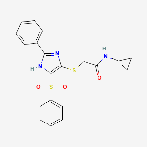 molecular formula C20H19N3O3S2 B2439677 N-cyclopropyl-2-((2-phenyl-4-(phenylsulfonyl)-1H-imidazol-5-yl)thio)acetamide CAS No. 736169-76-9