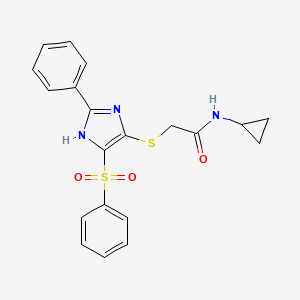 molecular formula C20H19N3O3S2 B2439677 N-cyclopropyl-2-{[2-phenyl-4-(phenylsulfonyl)-1H-imidazol-5-yl]sulfanyl}acetamide CAS No. 736169-76-9