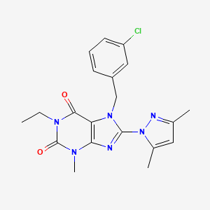 molecular formula C20H21ClN6O2 B2439678 7-(3-chlorobenzyl)-8-(3,5-dimethyl-1H-pyrazol-1-yl)-1-ethyl-3-methyl-1H-purine-2,6(3H,7H)-dione CAS No. 1013991-01-9