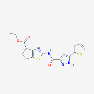 molecular formula C17H16N4O3S2 B2439695 ethyl 2-(5-(thiophen-2-yl)-1H-pyrazole-3-carboxamido)-5,6-dihydro-4H-cyclopenta[d]thiazole-4-carboxylate CAS No. 1257875-79-8