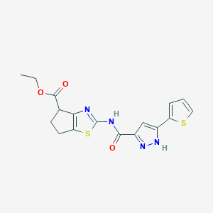 ethyl 2-(5-(thiophen-2-yl)-1H-pyrazole-3-carboxamido)-5,6-dihydro-4H-cyclopenta[d]thiazole-4-carboxylate