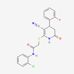 molecular formula C20H15ClFN3O2S B2439716 N-(2-chlorophenyl)-2-{[3-cyano-4-(2-fluorophenyl)-6-oxo-1,4,5,6-tetrahydropyridin-2-yl]sulfanyl}acetamide CAS No. 683794-55-0