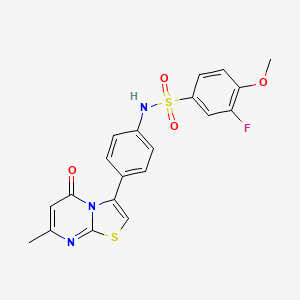 molecular formula C20H16FN3O4S2 B2439744 3-fluoro-4-methoxy-N-(4-(7-methyl-5-oxo-5H-thiazolo[3,2-a]pyrimidin-3-yl)phenyl)benzenesulfonamide CAS No. 1171003-02-3