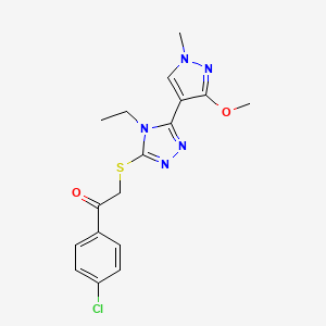 molecular formula C17H18ClN5O2S B2439992 1-(4-氯苯基)-2-((4-乙基-5-(3-甲氧基-1-甲基-1H-吡唑-4-基)-4H-1,2,4-三唑-3-基)硫)乙酮 CAS No. 1013774-28-1