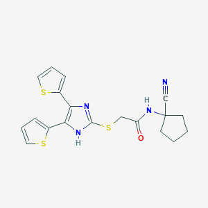 molecular formula C19H18N4OS3 B2440061 N-(1-cyanocyclopentyl)-2-[(4,5-dithiophen-2-yl-1H-imidazol-2-yl)sulfanyl]acetamide CAS No. 848914-03-4