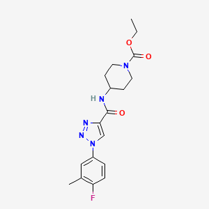 molecular formula C18H22FN5O3 B2440151 ethyl 4-[1-(4-fluoro-3-methylphenyl)-1H-1,2,3-triazole-4-amido]piperidine-1-carboxylate CAS No. 1326929-74-1