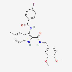 molecular formula C26H24FN3O4 B2440571 N-[(3,4-dimethoxyphenyl)methyl]-3-(4-fluorobenzamido)-5-methyl-1H-indole-2-carboxamide CAS No. 1030127-19-5