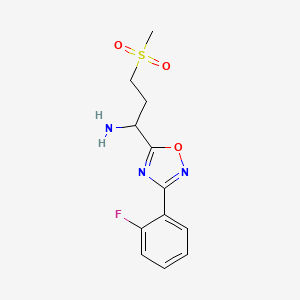 molecular formula C12H15ClFN3O3S B2440999 1-[3-(2-Fluorophenyl)-1,2,4-oxadiazol-5-yl]-3-(methylsulfonyl)propan-1-amine CAS No. 1807977-39-4
