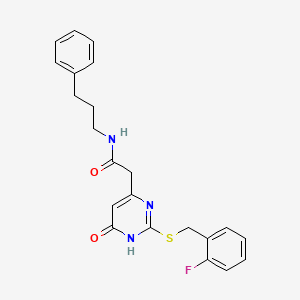 molecular formula C22H22FN3O2S B2441002 2-(2-((2-fluorobenzyl)thio)-6-oxo-1,6-dihydropyrimidin-4-yl)-N-(3-phenylpropyl)acetamide CAS No. 1105240-63-8