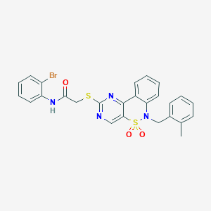 molecular formula C26H21BrN4O3S2 B2441025 N-(2-bromophenyl)-2-({9-[(2-methylphenyl)methyl]-8,8-dioxo-8lambda6-thia-3,5,9-triazatricyclo[8.4.0.0^{2,7}]tetradeca-1(14),2(7),3,5,10,12-hexaen-4-yl}sulfanyl)acetamide CAS No. 931938-12-4
