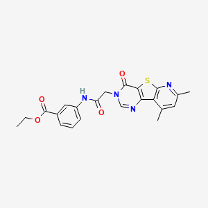 molecular formula C22H20N4O4S B2441460 Ethyl 3-(2-{11,13-dimethyl-6-oxo-8-thia-3,5,10-triazatricyclo[7.4.0.0^{2,7}]trideca-1(9),2(7),3,10,12-pentaen-5-yl}acetamido)benzoate CAS No. 946323-18-8